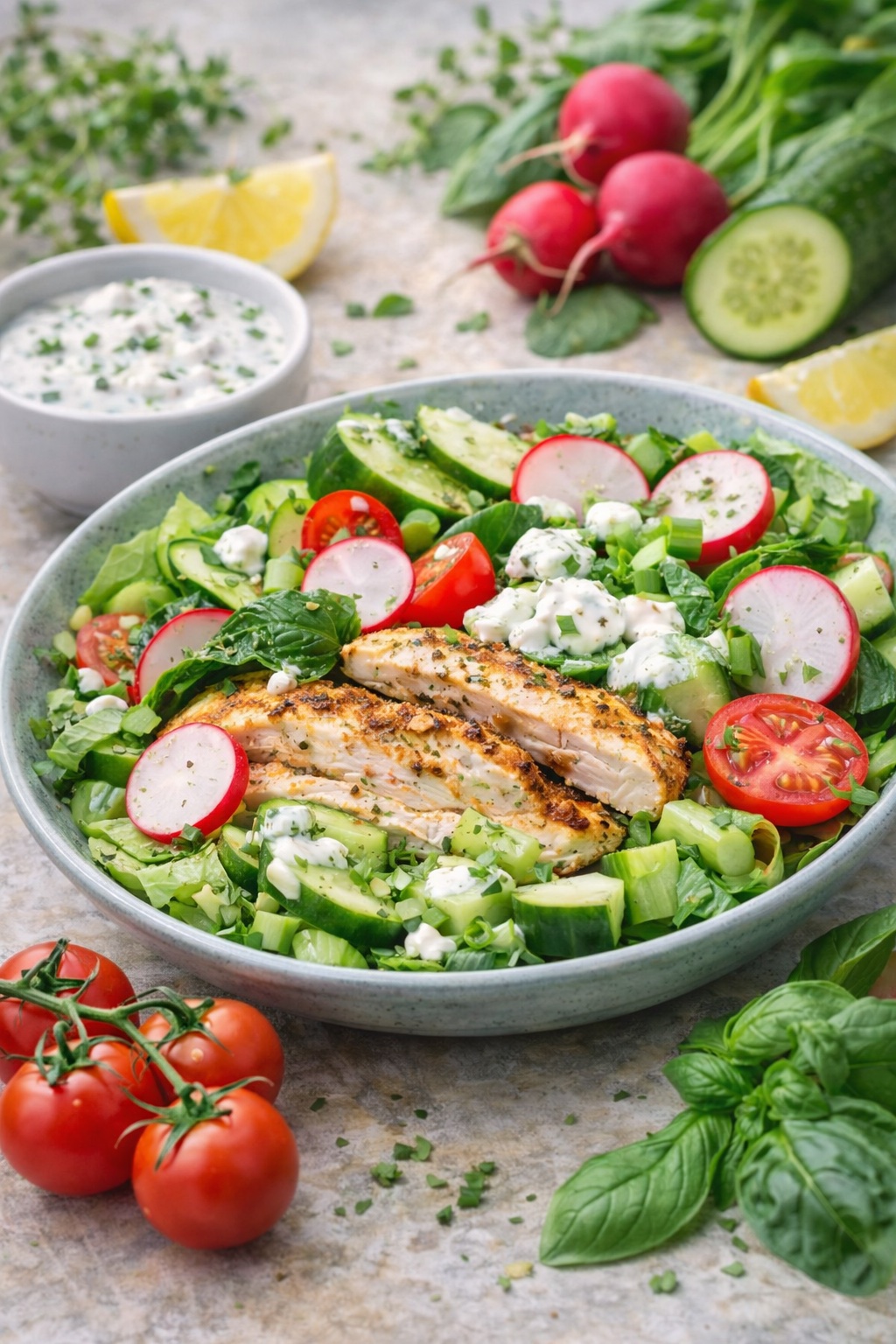 kuřecí salát s ředkvičkami a dresingem